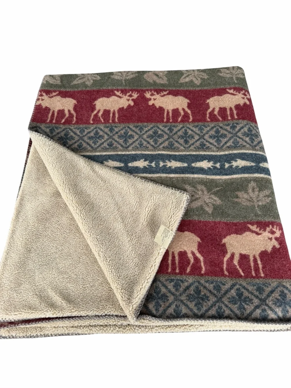 VTG Woolrich Lodge Camp Fair Isle Blanket Sherpa Moose Fish Leaves 57x64 GUC